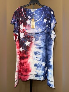NWT WORLD UNITY Red, White & Blue Star Tie-Dye Short Sleeve Tee. Size 2X.